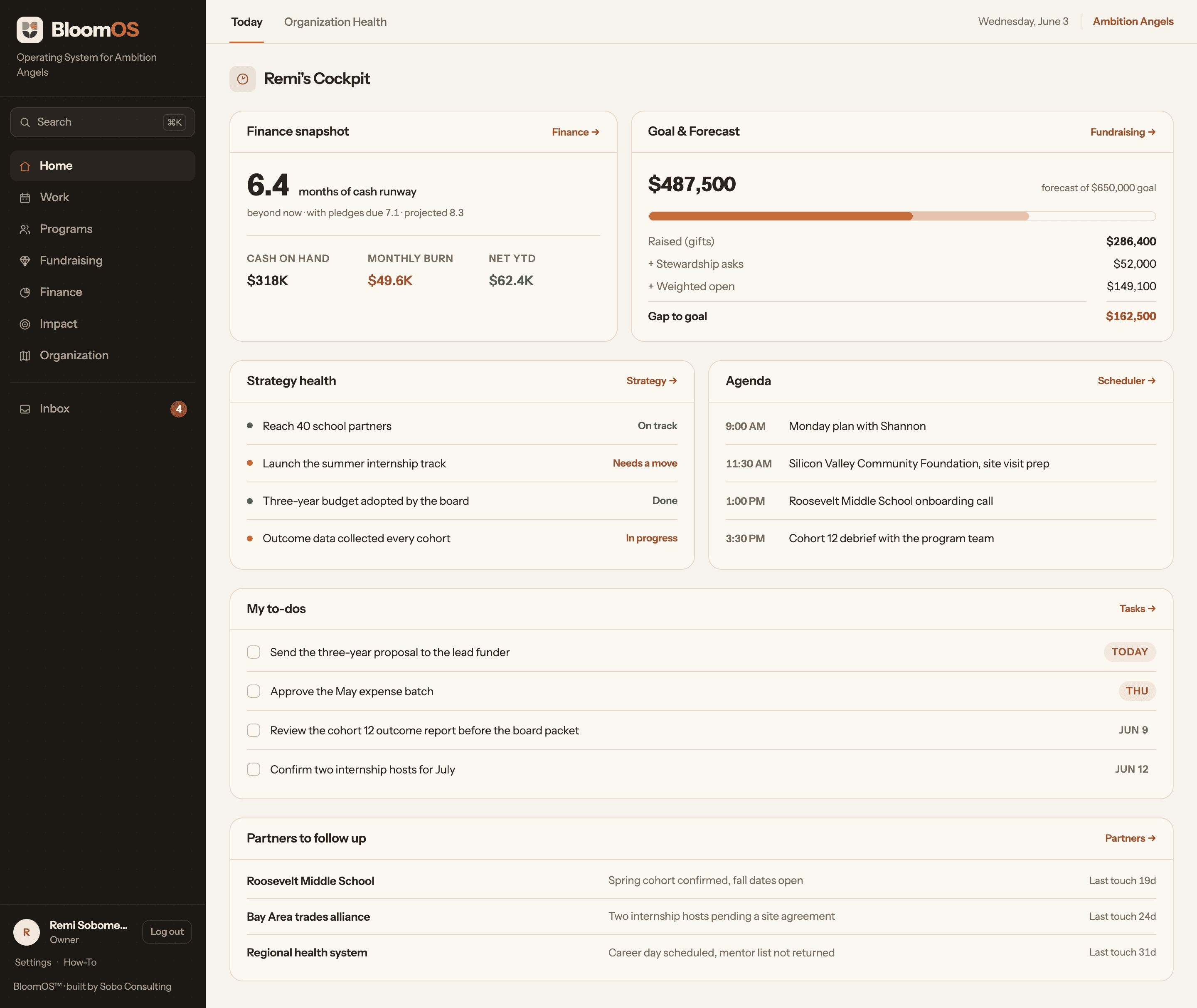 The BloomOS command center: cash runway, goal and forecast, strategy health, the day's agenda, and partner follow-ups