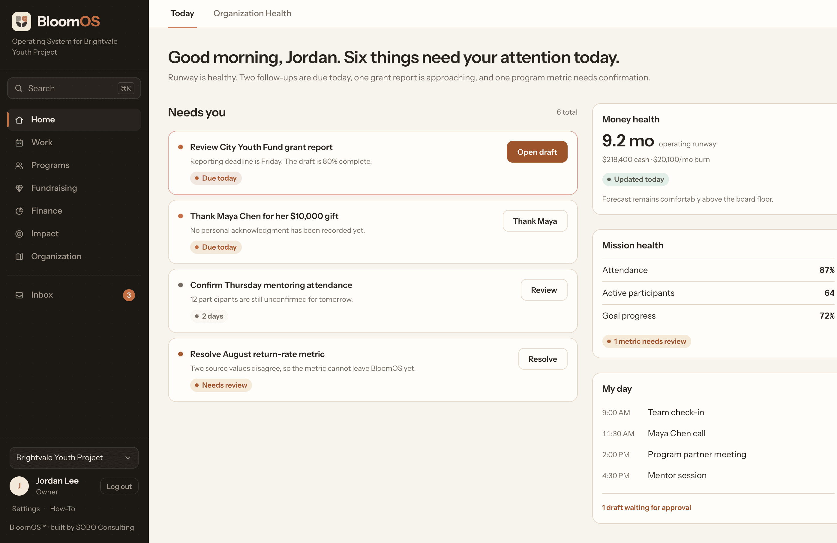 BloomOS home screen: what needs attention today, money health, mission health, and the day's schedule for a small nonprofit